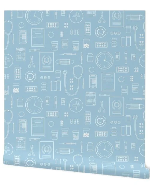 Scrubs Blue with White Outlined Drawings of Medical Symbols Wallpaper