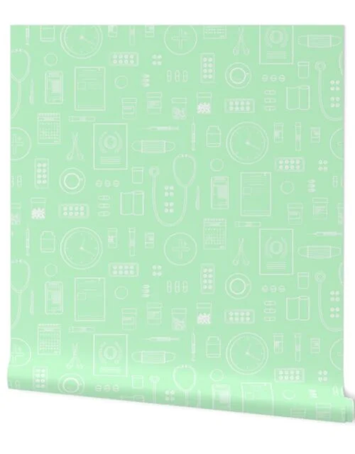Scrubs Green with White Outlined Drawings of Medical Symbols Wallpaper