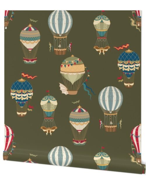 Vintage Hot Air Balloons on Khaki Green Wallpaper