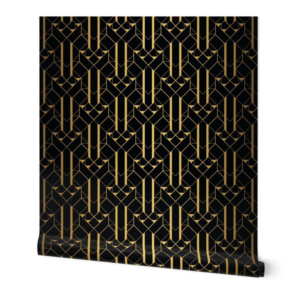 Black and Faux foil gold Vintage Art Deco Geometric Linear Repeat Pattern Wallpaper Black and Faux foil gold Vintage Art Deco Geometric Linear Repeat Pattern Wallpaper
