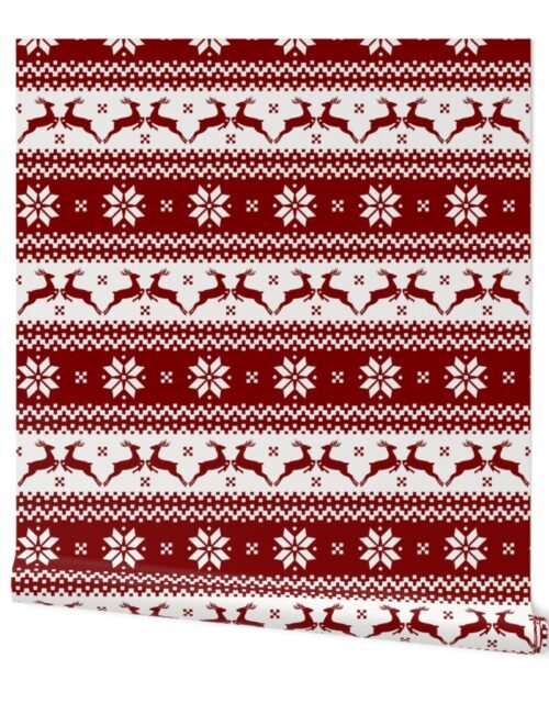 Large Dark Christmas Candy Apple Red Nordic Reindeer Stripe Wallpaper