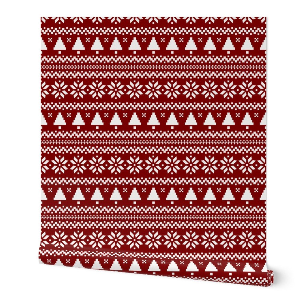 Large Dark Christmas Candy Apple Red Nordic Trees Stripe in White Wallpaper Large Dark Christmas Candy Apple Red Nordic Trees Stripe in White Wallpaper