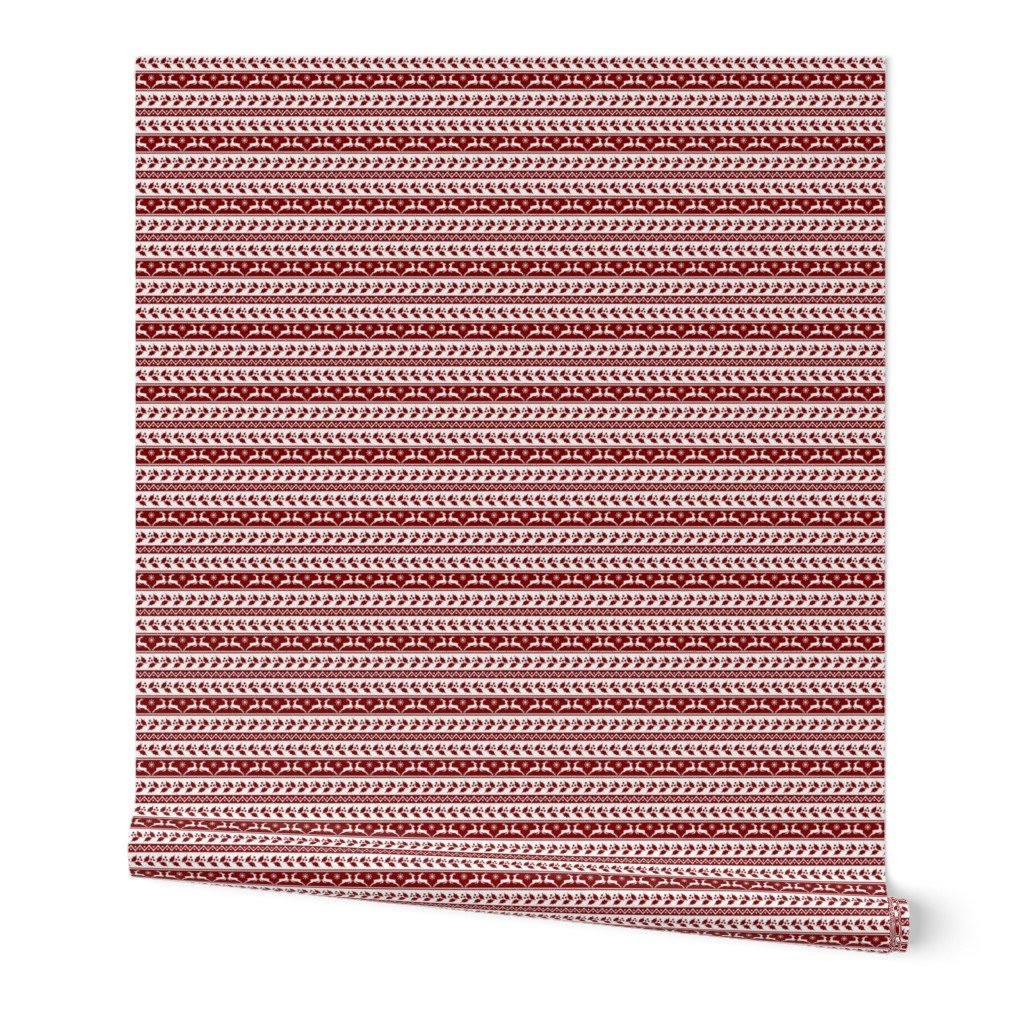 Dark Christmas Candy Apple Red Nordic Reindeer Stripe in White Wallpaper Dark Christmas Candy Apple Red Nordic Reindeer Stripe in White Wallpaper