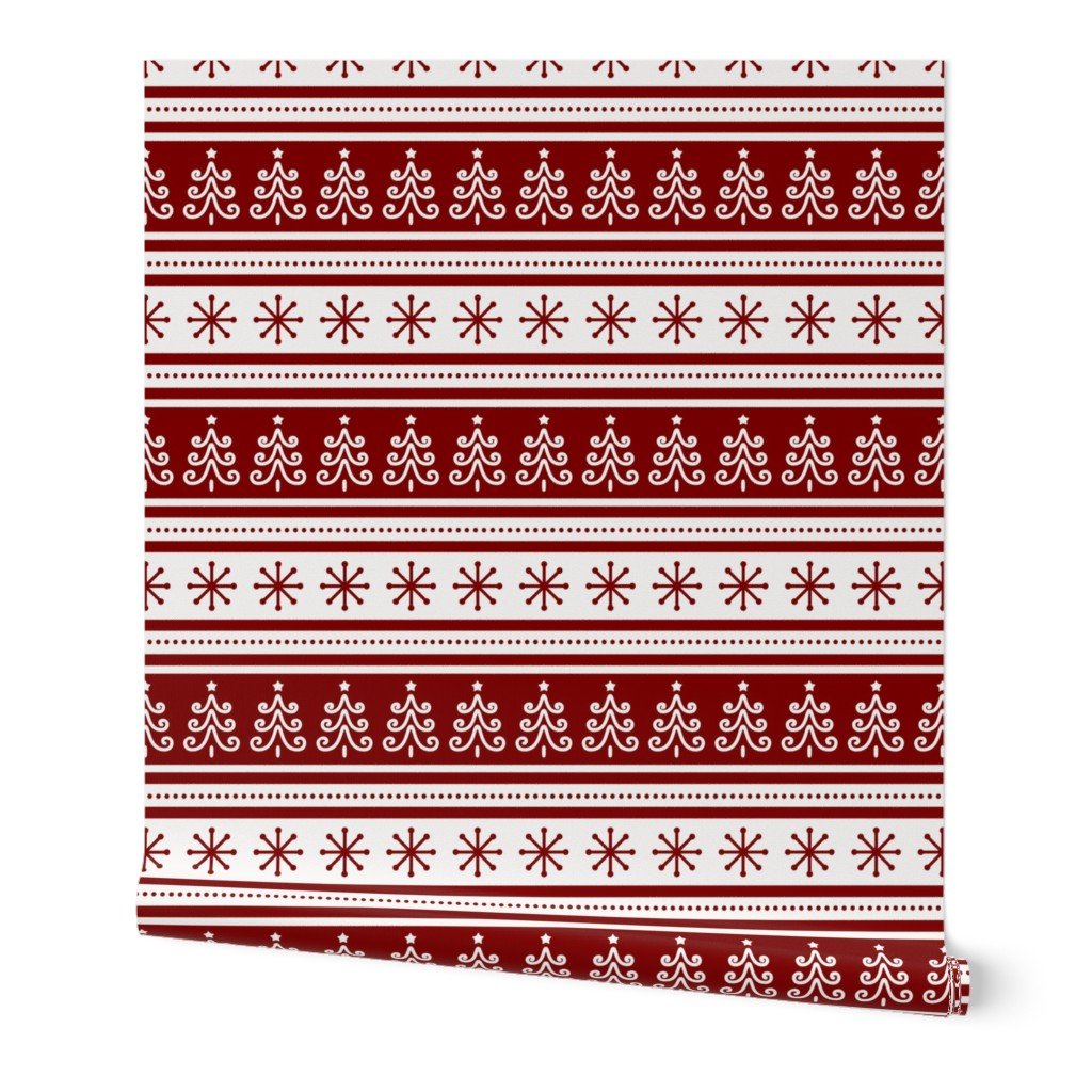 Large Dark Christmas Candy Apple Red Nordic Trees Stripe in White Wallpaper Large Dark Christmas Candy Apple Red Nordic Trees Stripe in White Wallpaper