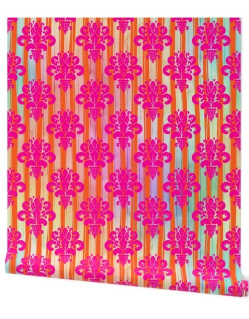 Neon Ombre Regency Striped Floral Damask Urns Wallpaper