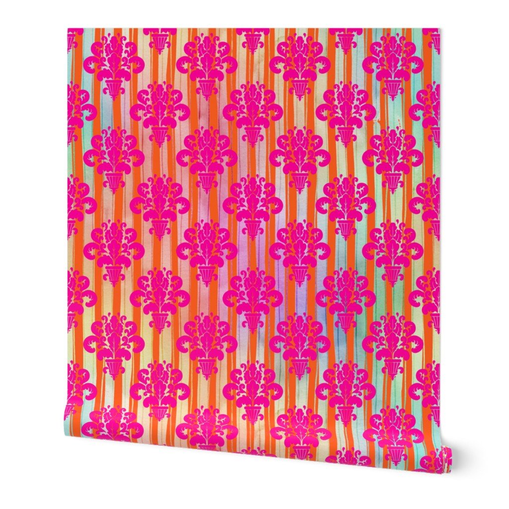 Neon Ombre Regency Striped Floral Damask Urns Wallpaper Neon Ombre Regency Striped Floral Damask Urns Wallpaper