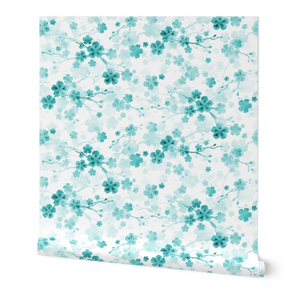 Bright Aqua Blue Pastel Watercolor Cherry Blossom Flowers and Vines Wallpaper Bright Aqua Blue Pastel Watercolor Cherry Blossom Flowers and Vines Wallpaper