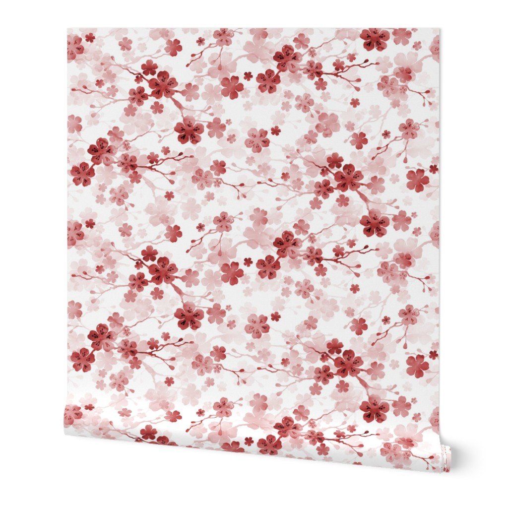 Bright Red Pastel Watercolor Cherry Blossom Flowers and Vines Wallpaper Bright Red Pastel Watercolor Cherry Blossom Flowers and Vines Wallpaper