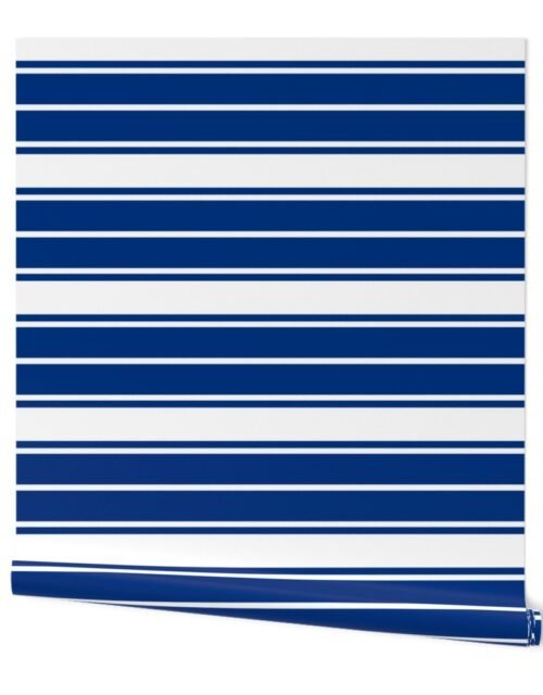 Deep Water Blue and White Horizontal French Stripe Wallpaper