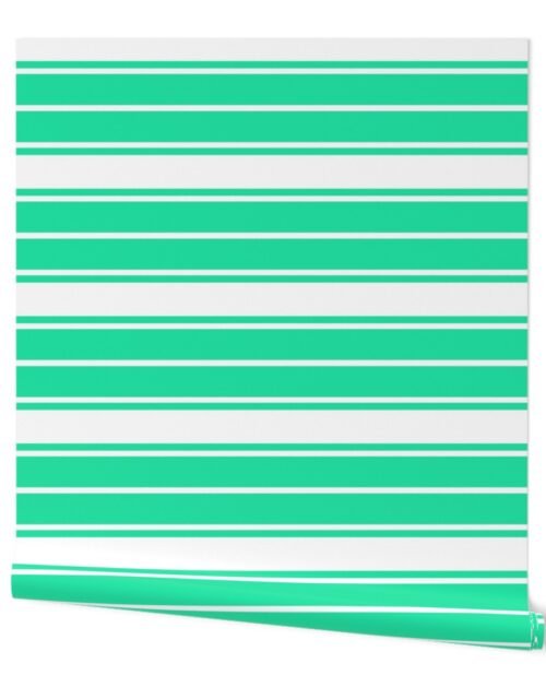 Sea Mint Green and White Horizontal French Stripe Wallpaper