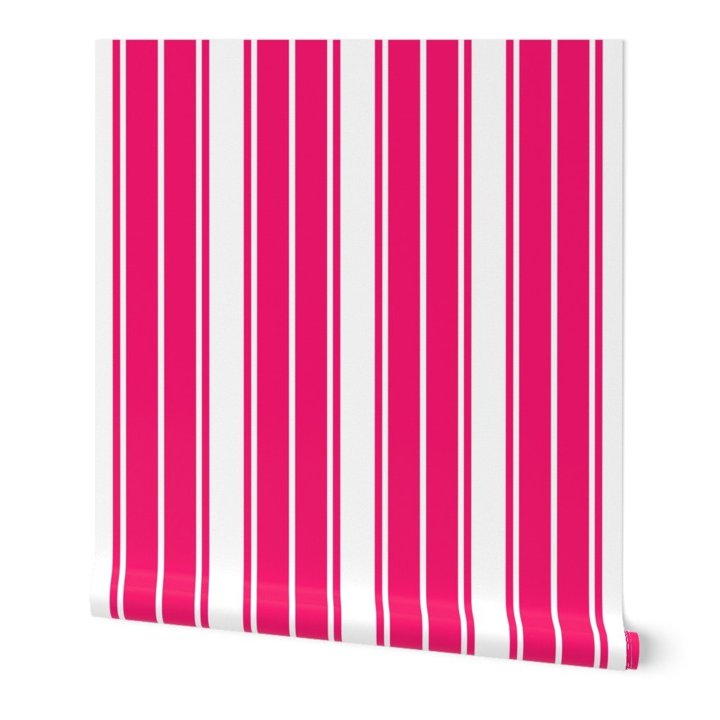 Bright Flamingo Pink and White Vertical French Stripe Wallpaper Bright Flamingo Pink and White Vertical French Stripe Wallpaper