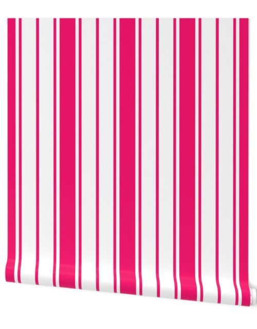 Bright Flamingo Pink and White Vertical French Stripe Wallpaper