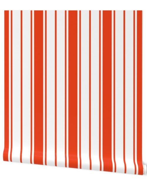 Bright Citrus Orange and White Vertical French Stripe Wallpaper