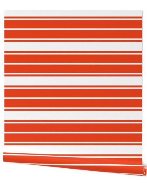 Bright Citrus Orange and White Horizontal French Stripe Wallpaper