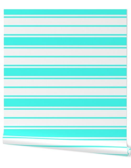 Art Deco Aqua and White Horizontal French Stripe Wallpaper