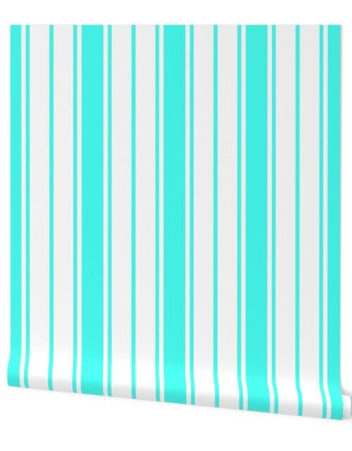 Art Deco Aqua and White Vertical French Stripe Wallpaper