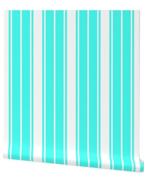 Art Deco Aqua and White Vertical French Stripe Wallpaper