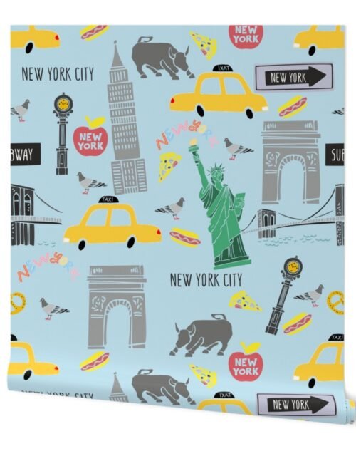 New York City Handdrawn Motifs Empire State, Statue of Liberty, Yellow Taxi, Fifth Avenue Clock, Bull of Wall Street, Washington Arch, Brooklyn Bridge and Street food on Blue Wallpaper