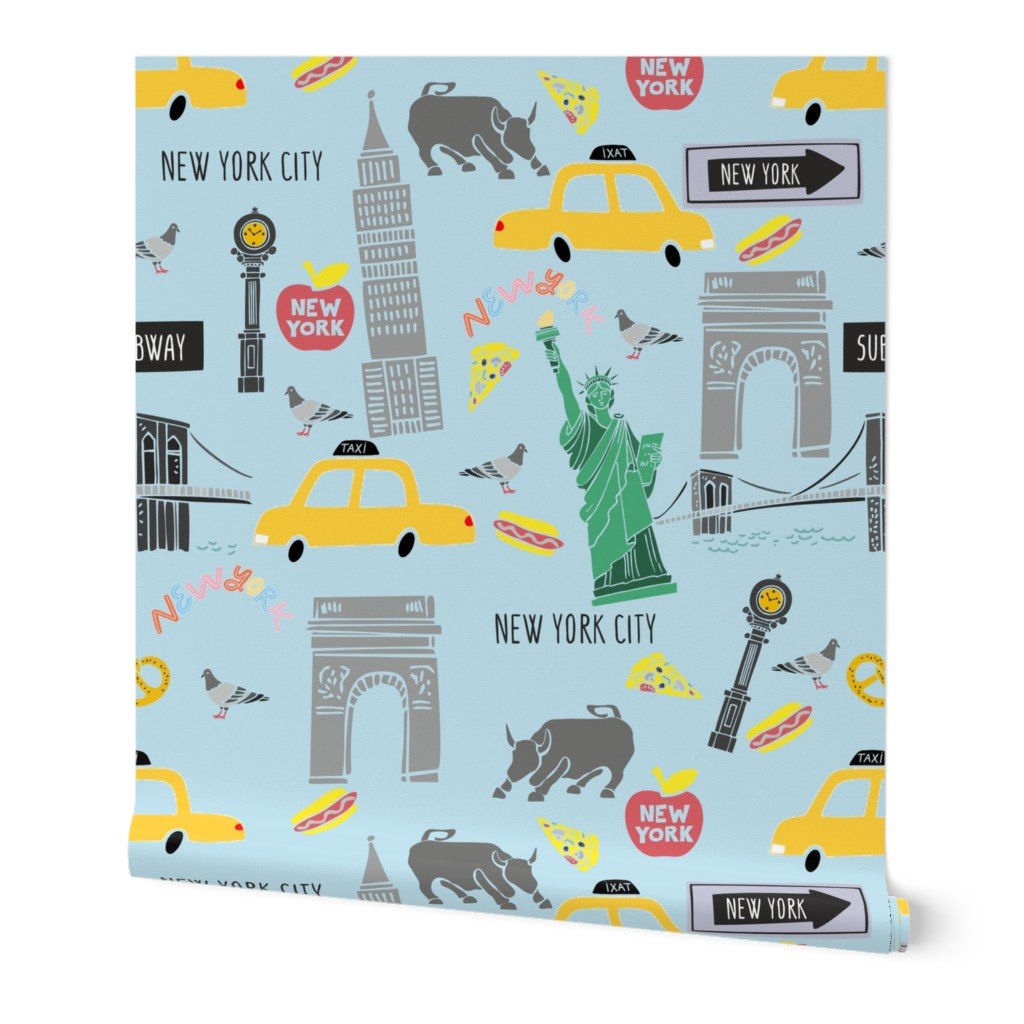 New York City Handdrawn Motifs Empire State, Statue of Liberty, Yellow Taxi, Fifth Avenue Clock, Bull of Wall Street, Washington Arch, Brooklyn Bridge and Street food on Blue Wallpaper New York City Handdrawn Motifs Empire State, Statue of Liberty, Yellow Taxi, Fifth Avenue Clock, Bull of Wall Street, Washington Arch, Brooklyn Bridge and Street food on Blue Wallpaper