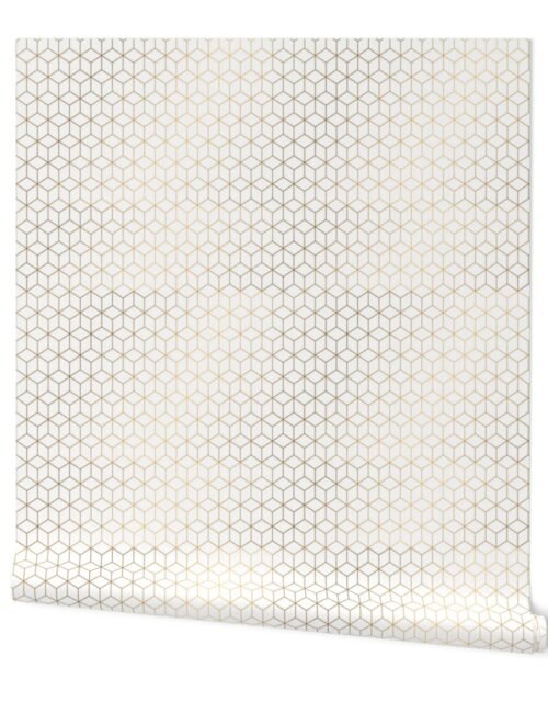 Small White and Faux Metallic Gold Art Deco 3D Geometric Cubes Wallpaper