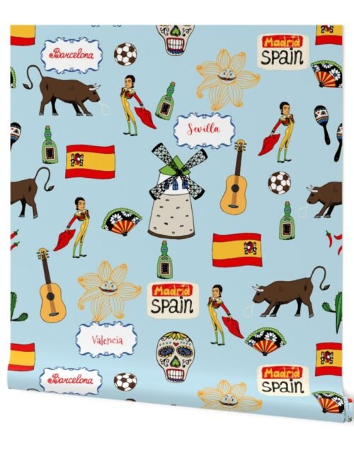 Spain Handdrawn Motifs Matador, Windmill, Bull, Maracas, Football, Flamenco Guitar on Blue Wallpaper