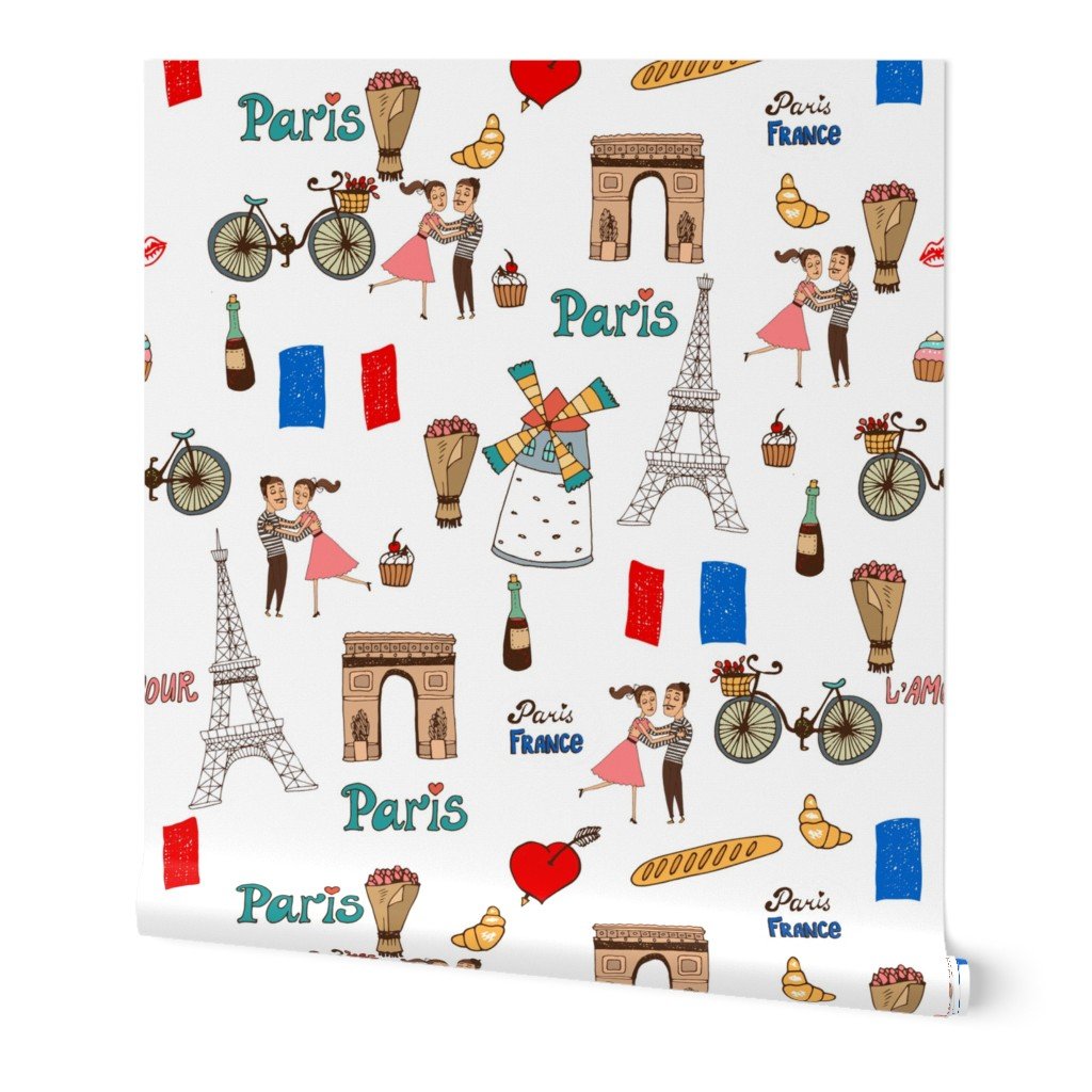 Paris France Handdrawn Motifs Eiffel Tower, Baguettes, Arc de Triomphe, Tricolor on White Wallpaper Paris France Handdrawn Motifs Eiffel Tower, Baguettes, Arc de Triomphe, Tricolor on White Wallpaper