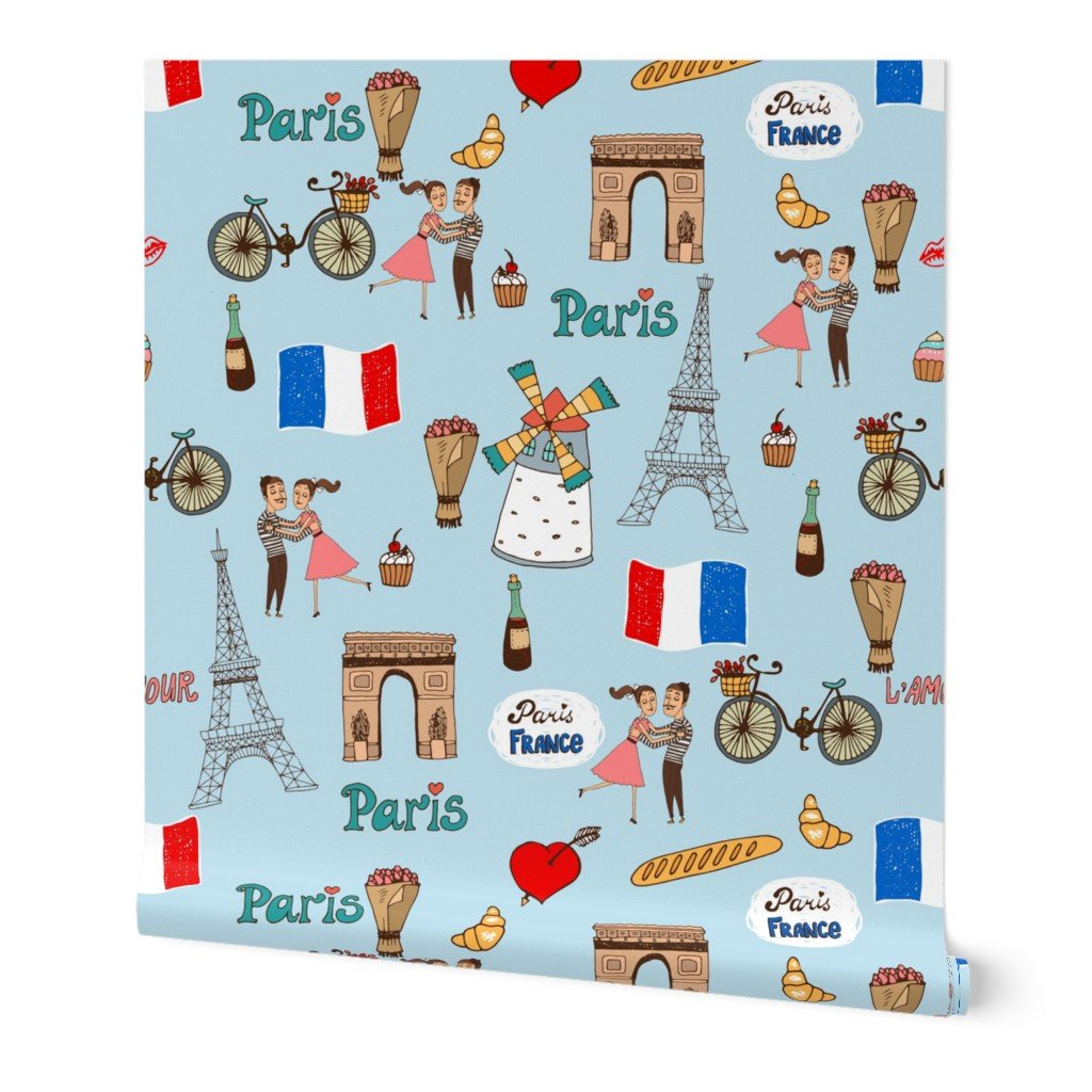 Paris France Handdrawn Motifs Eiffel Tower, Baguettes, Arc de Triomphe, Tricolor on Blue Wallpaper Paris France Handdrawn Motifs Eiffel Tower, Baguettes, Arc de Triomphe, Tricolor on Blue Wallpaper