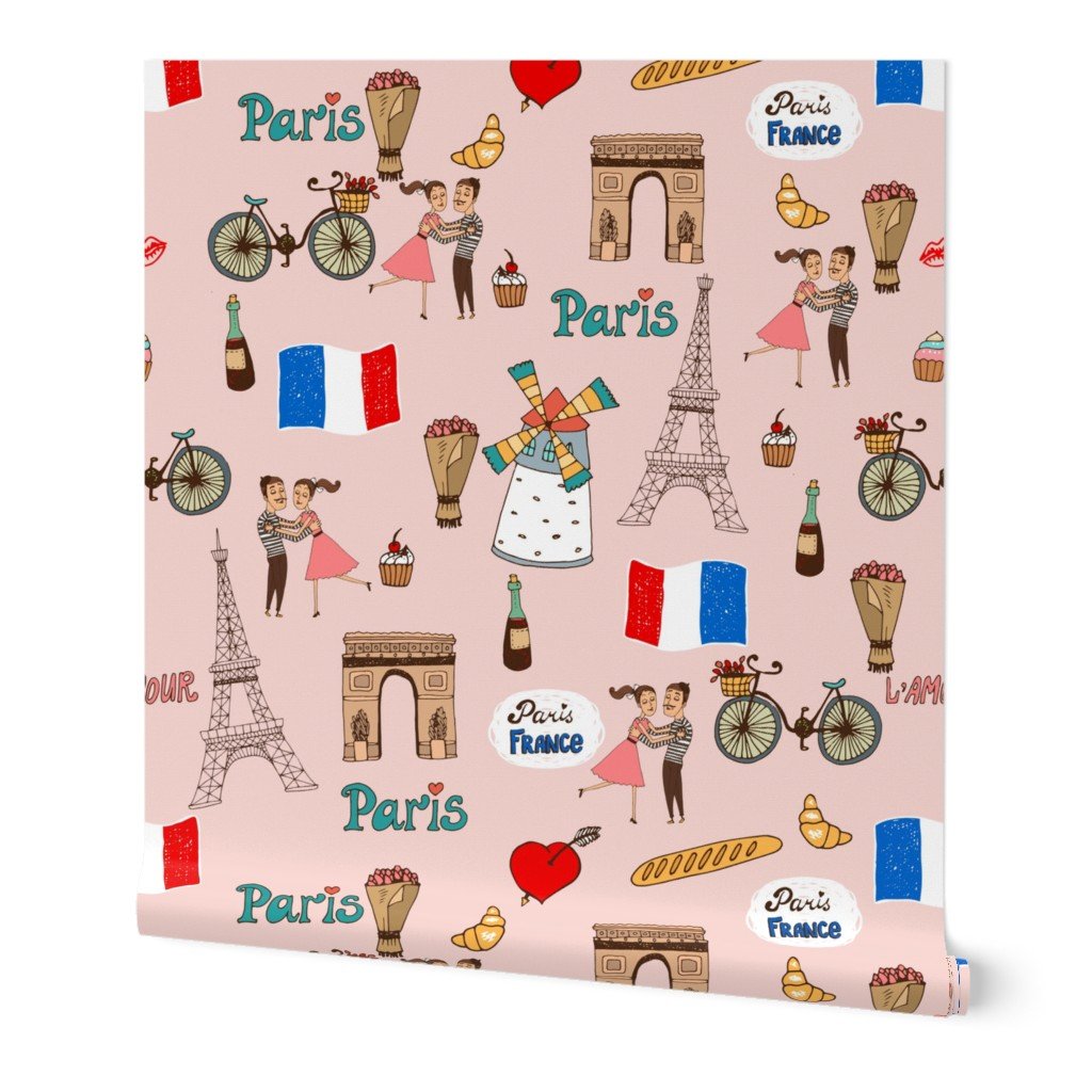 Paris France Handdrawn Motifs Eiffel Tower, Baguettes, Arc de Triomphe, Tricolor on Pink Wallpaper Paris France Handdrawn Motifs Eiffel Tower, Baguettes, Arc de Triomphe, Tricolor on Pink Wallpaper