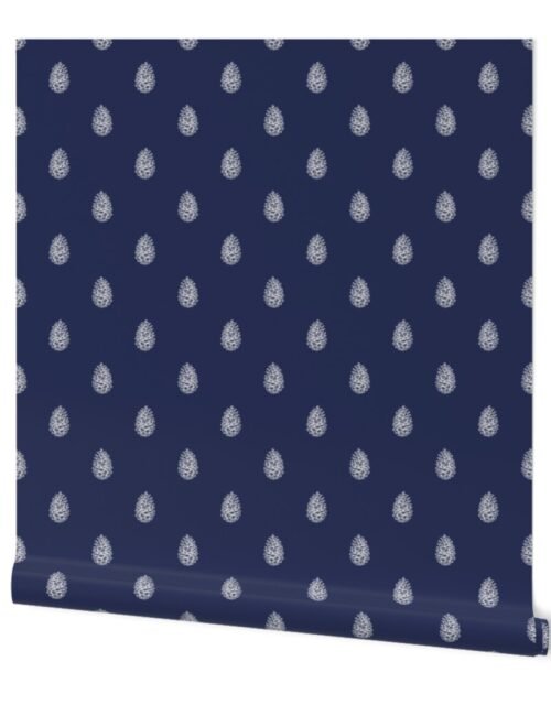 Christmas Pine Cone in White on Midnight Blue Wallpaper