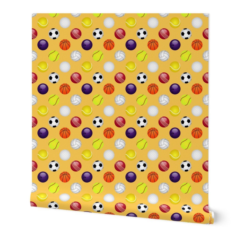 All Sports Balls Soccer, Tennis, Basket, Base, Cricket, Volley, Golf, Soft and Pool Balls on Bright Yellow Wallpaper All Sports Balls Soccer, Tennis, Basket, Base, Cricket, Volley, Golf, Soft and Pool Balls on Bright Yellow Wallpaper