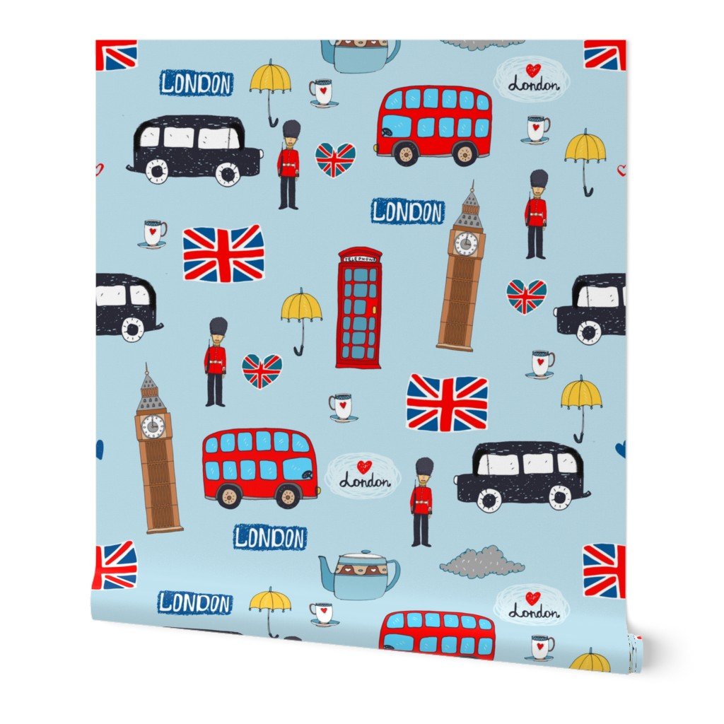London England Handdrawn Motifs Big Ben, Union Jack, Palace Guard, Teatime, Brollies on Blue Wallpaper London England Handdrawn Motifs Big Ben, Union Jack, Palace Guard, Teatime, Brollies on Blue Wallpaper