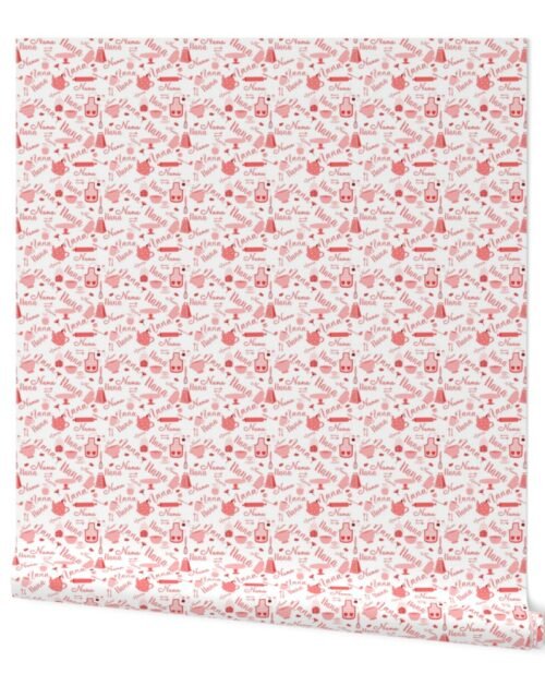 Nana Grandmother Grandma Hygge Kitchen Vector Motifs and Symbols in Rose on White Wallpaper