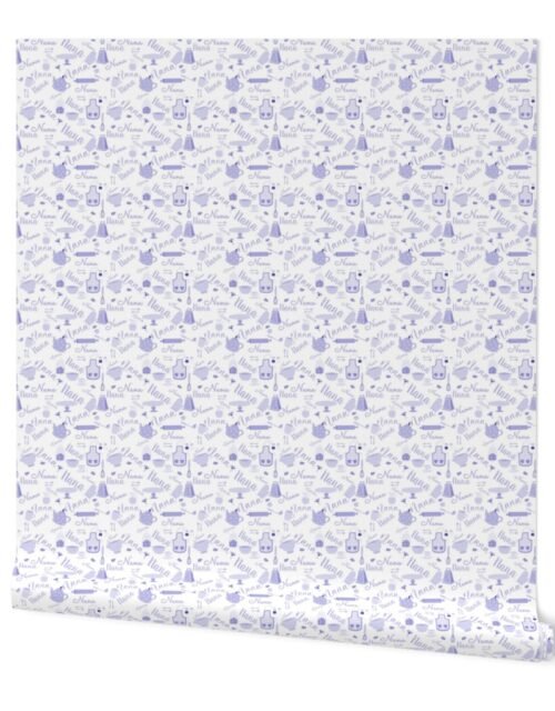 Nana Grandmother Grandma Hygge Kitchen Vector Motifs and Symbols in Lavender Purple on White Wallpaper