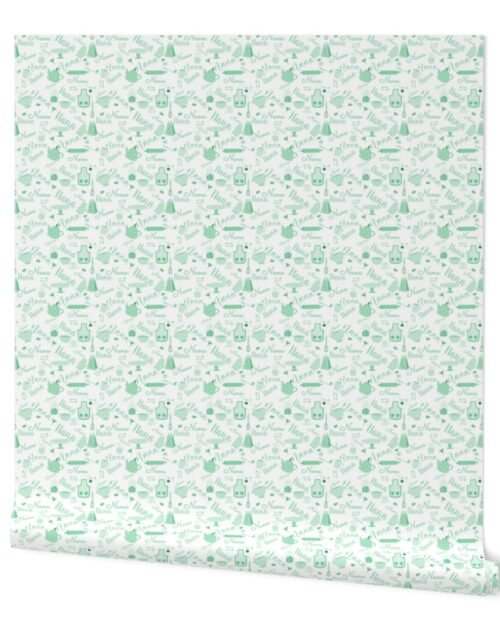 Nana Grandmother Grandma Hygge Kitchen Vector Motifs and Symbols in Mint on White Wallpaper