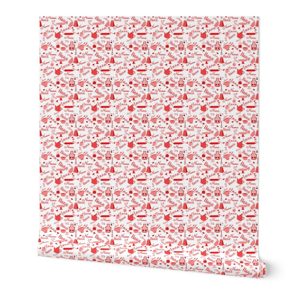 Nana Grandmother Grandma Hygge Kitchen Vector Motifs and Symbols in Fireball Red on White Wallpaper Nana Grandmother Grandma Hygge Kitchen Vector Motifs and Symbols in Fireball Red on White Wallpaper