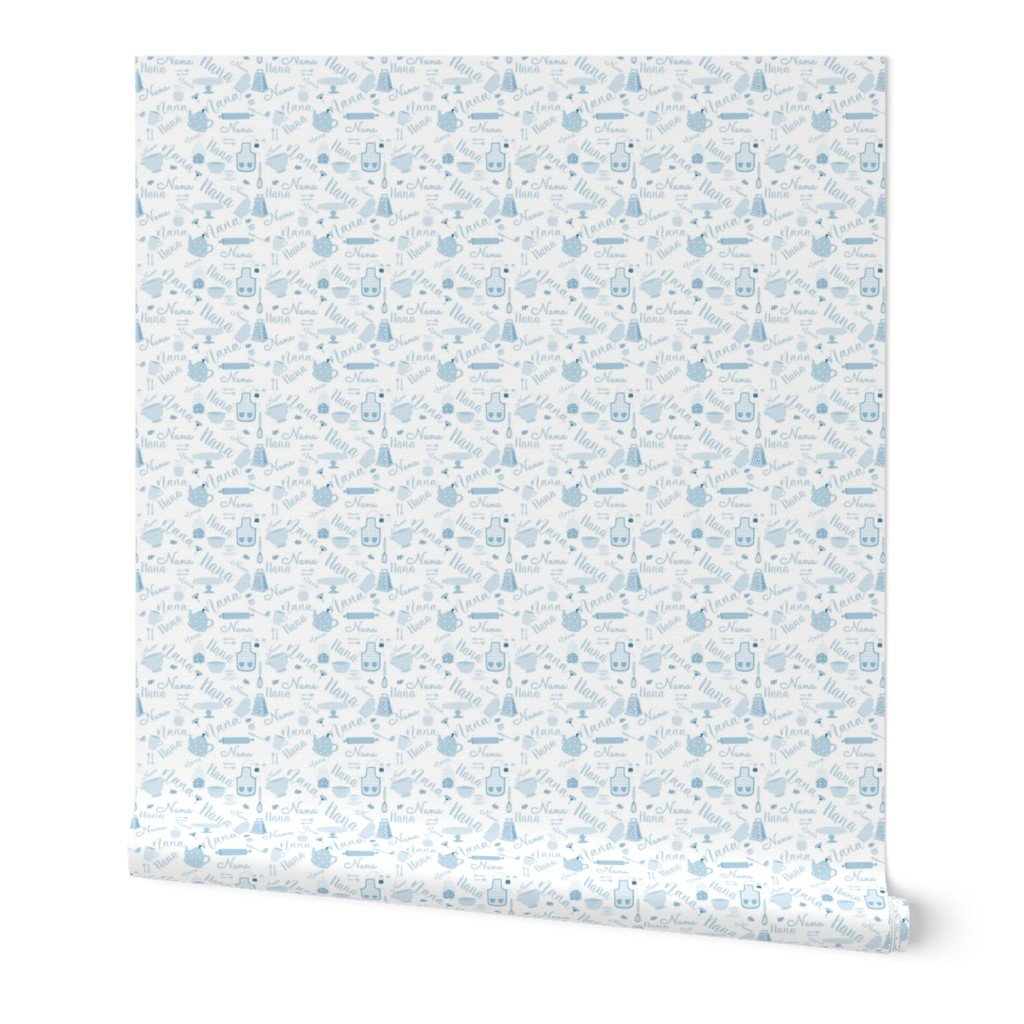 Nana Grandmother Grandma Hygge Kitchen Vector Motifs and Symbols in Blue on White Wallpaper Nana Grandmother Grandma Hygge Kitchen Vector Motifs and Symbols in Blue on White Wallpaper