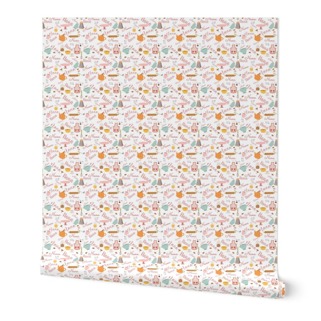 Nana Grandmother Grandma Hygge Kitchen Vector Motifs and Symbols in Pink on White Wallpaper Nana Grandmother Grandma Hygge Kitchen Vector Motifs and Symbols in Pink on White Wallpaper