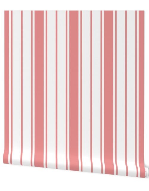 Coral and White Vertical  French Stripe Wallpaper