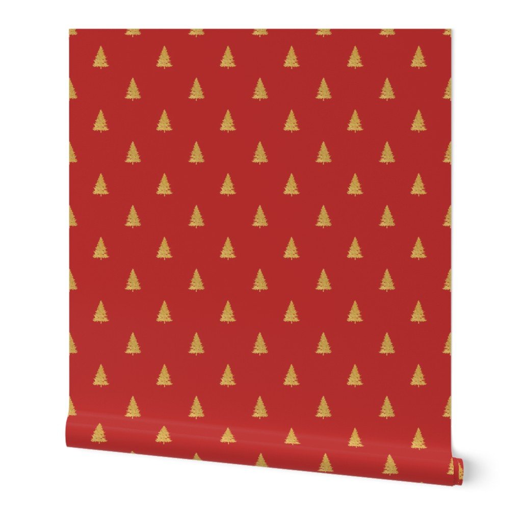 Christmas Tree in Gold Faux Foil on Holly Berry Red Wallpaper Christmas Tree in Gold Faux Foil on Holly Berry Red Wallpaper