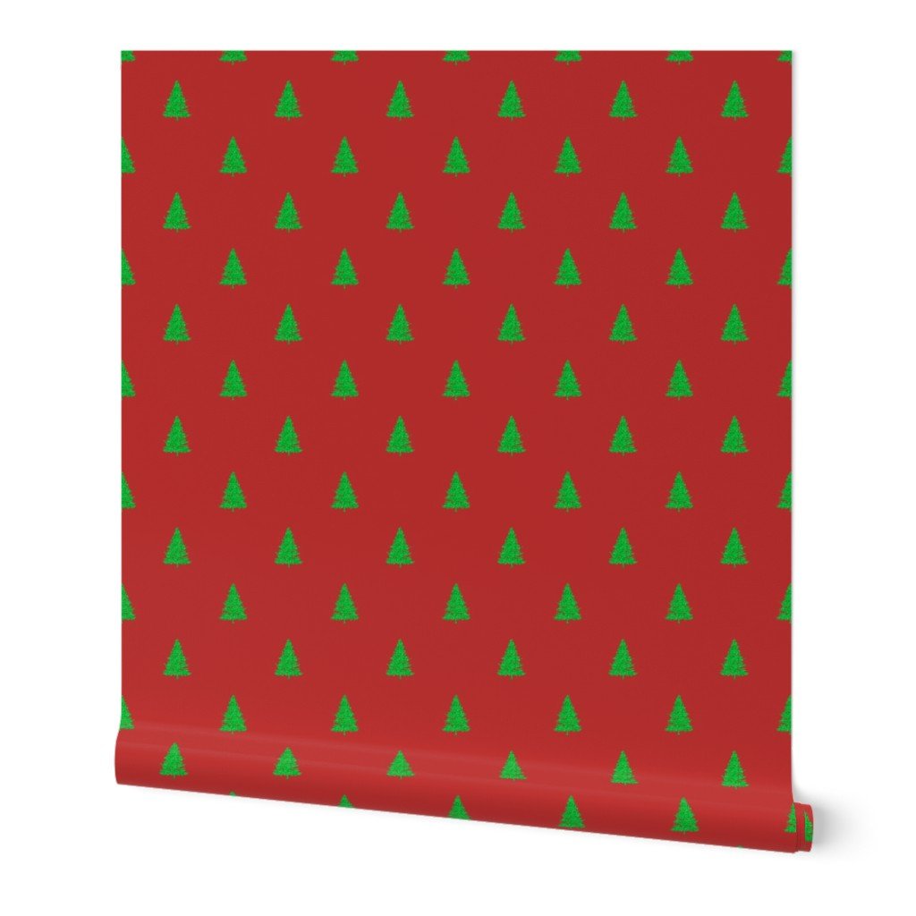 Christmas Tree in Green Glitter on Holly Berry Red Wallpaper Christmas Tree in Green Glitter on Holly Berry Red Wallpaper