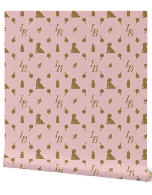 Louis Baby Luxury Iconic Monogram Pattern on Classic Pink with Tan Motifs Wallpaper