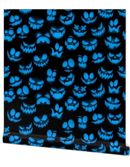 Micro Grinning Halloween Blue Faces on Black Wallpaper