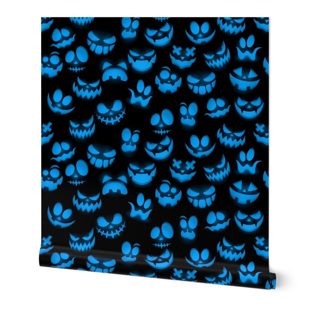 Micro Grinning Halloween Blue Faces on Black Wallpaper Micro Grinning Halloween Blue Faces on Black Wallpaper