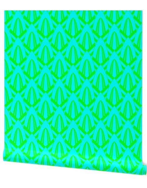 Neon Aqua and Lime Green Large Neon Art Deco Geometric Triangle Pattern Wallpaper