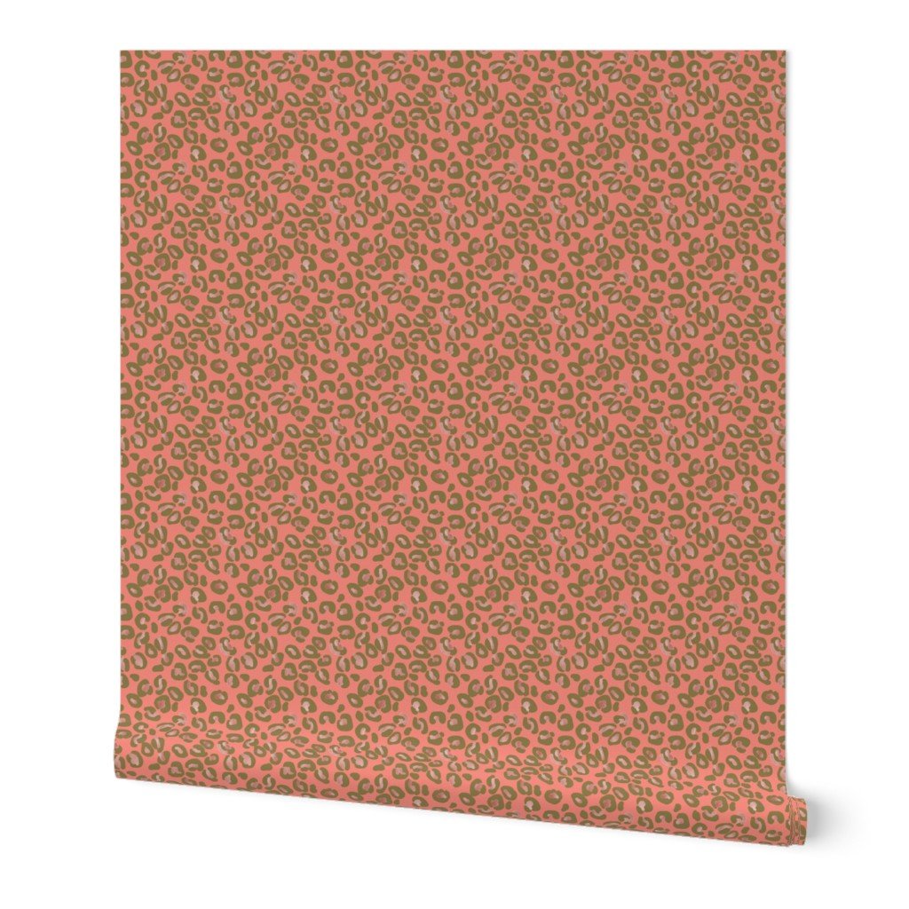 Rose Gold Faux Foil Leopard Spots on Coral Wallpaper Rose Gold Faux Foil Leopard Spots on Coral Wallpaper