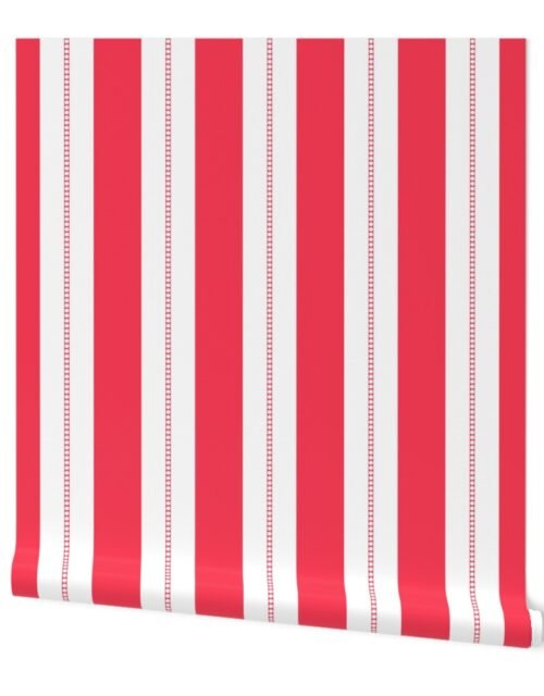 White and Crimson Red Cabana Beach Bubble Stripes Wallpaper