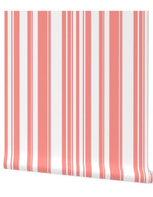 Coral on White Random Width Vertical Barcode Stripes Wallpaper