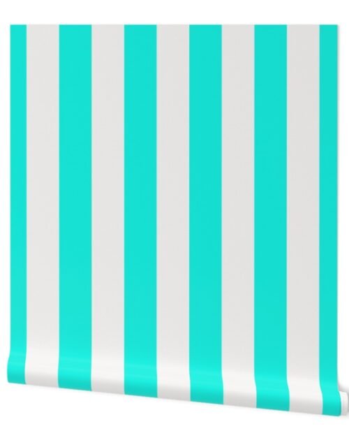 Small Aqua and Broken White Cabana Beach Vertical Stripe Wallpaper
