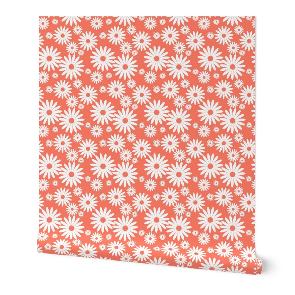 Mini Daisies in Neon Coral and White Wallpaper Mini Daisies in Neon Coral and White Wallpaper
