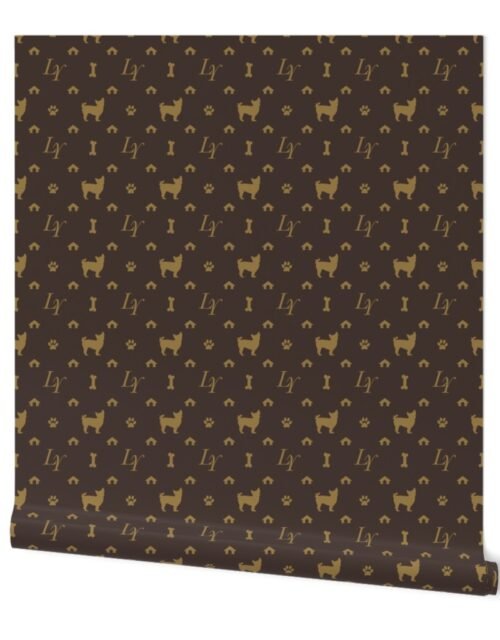 Louis Yorkshire Terrier Luxury Dog Smaller Pattern in Tan on Brown Wallpaper